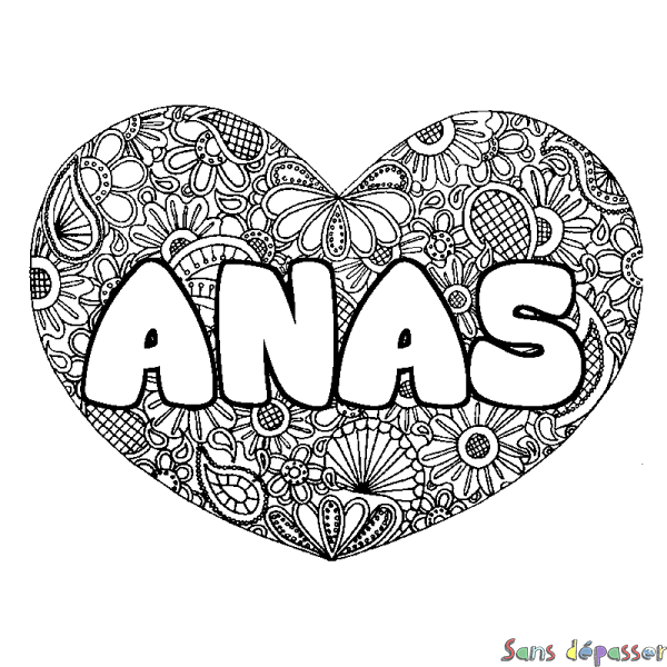 Coloriage prénom ANAS - d&eacute;cor Mandala coeur