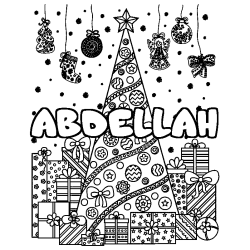 Coloriage prénom ABDELLAH - décor Sapin et Cadeaux