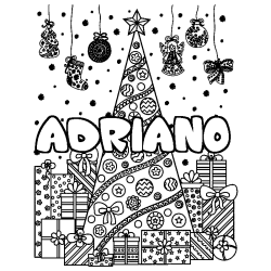 Coloriage prénom ADRIANO - décor Sapin et Cadeaux