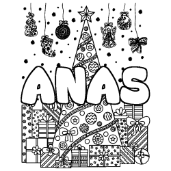 Coloriage prénom ANAS - décor Sapin et Cadeaux