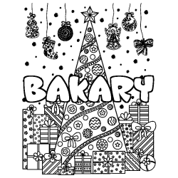 Coloriage prénom BAKARY - décor Sapin et Cadeaux