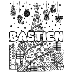Coloriage prénom BASTIEN - décor Sapin et Cadeaux