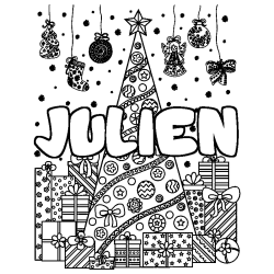 Coloriage prénom JULIEN - décor Sapin et Cadeaux