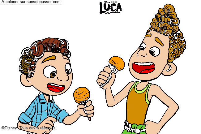 Coloriage Alberto et Luca mangent des glaces par un invité