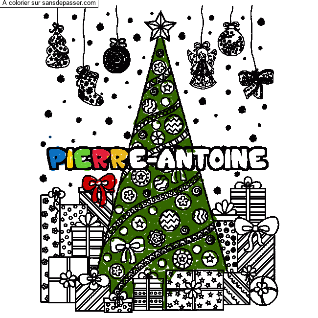 Coloriage PIERRE-ANTOINE - d&eacute;cor Sapin et Cadeaux