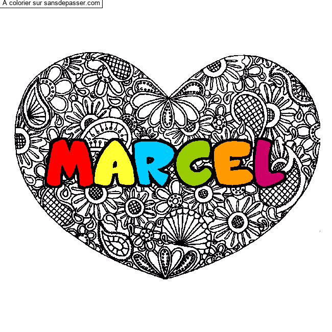 Coloriage Coloriage pr&eacute;nom MARCEL - d&eacute;cor Mandala coeur par un invité