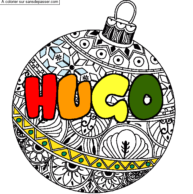 Coloriage HUGO - d&eacute;cor Boule de No&euml;l