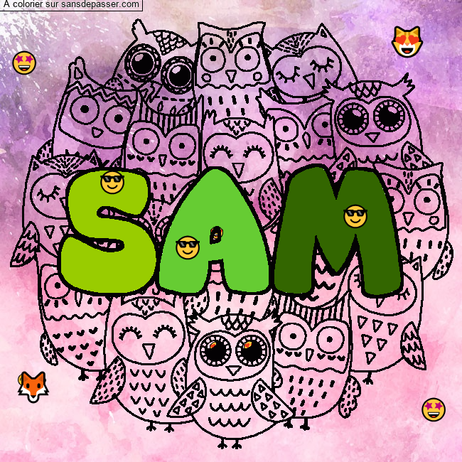 Coloriage prénom SAM - décor Chouettes par un invité