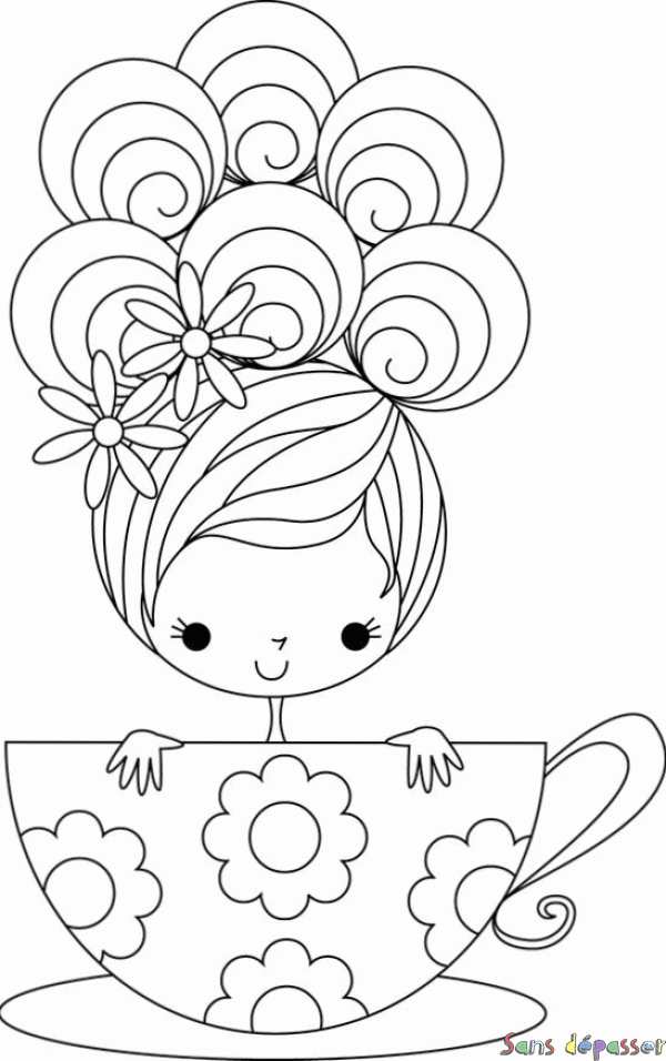 Coloriage Petite fille et tasse de thé
