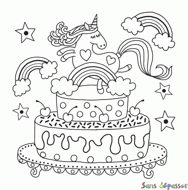 Coloriage Gâteau d'anniversaire Licorne