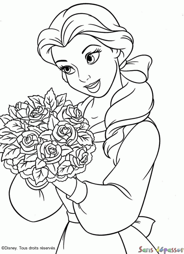 Coloriage Belle et son bouquet de roses