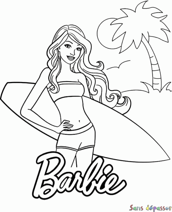 Coloriage Barbie Vacances et Surf