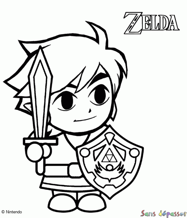 Coloriage Link avec son épée et son bouclier - Zelda