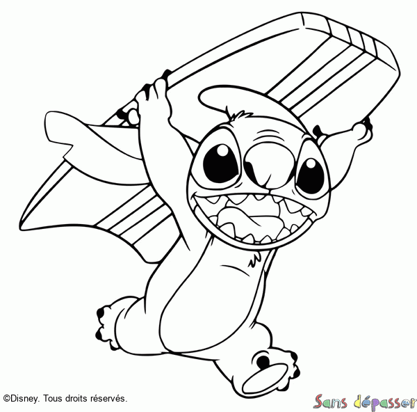 Coloriage Stitch avec une planche de surf