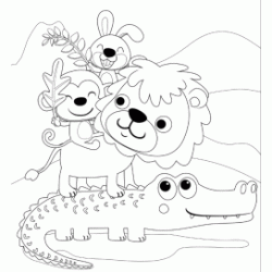 Coloriage Crocodile, Lion, singe et Lapin