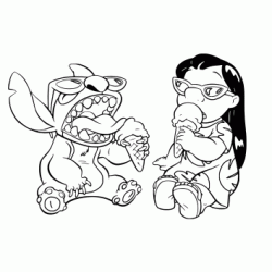 Coloriage Lilo et Stitch mangent une glace