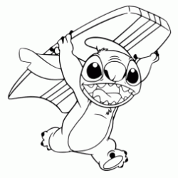 Coloriage Stitch avec une planche de surf