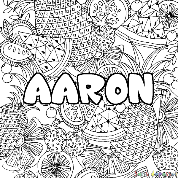 Coloriage pr&eacute;nom AARON - d&eacute;cor Mandala fruits