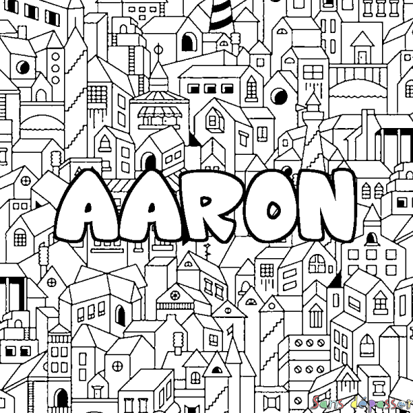 Coloriage pr&eacute;nom AARON - d&eacute;cor Ville