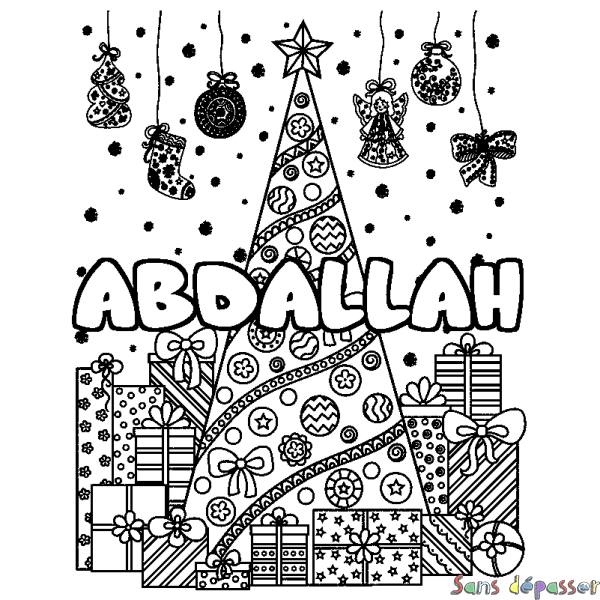 Coloriage prénom ABDALLAH - d&eacute;cor Sapin et Cadeaux