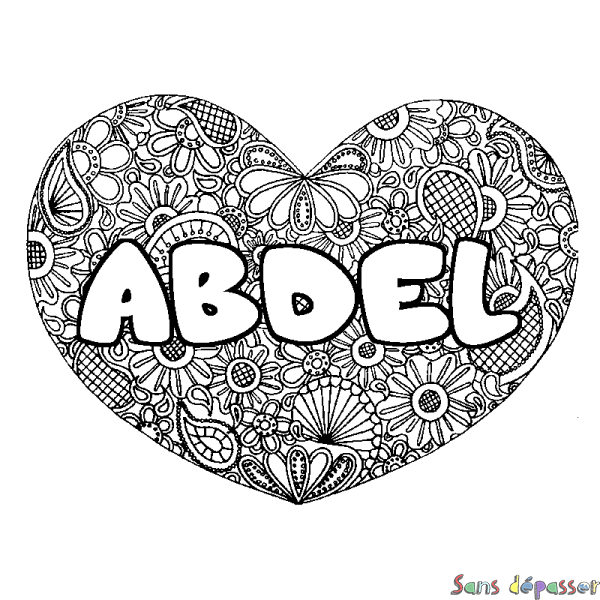 Coloriage prénom ABDEL - d&eacute;cor Mandala coeur