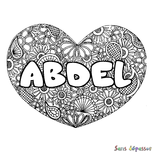 Coloriage pr&eacute;nom ABDEL - d&eacute;cor Mandala coeur