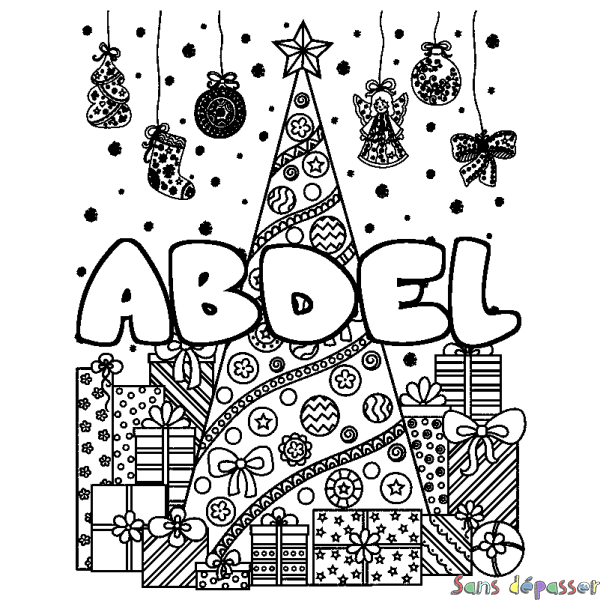 Coloriage prénom ABDEL - d&eacute;cor Sapin et Cadeaux