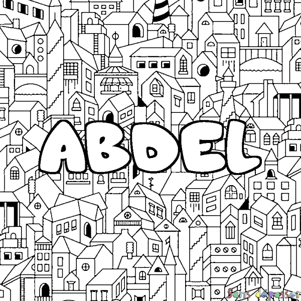 Coloriage pr&eacute;nom ABDEL - d&eacute;cor Ville