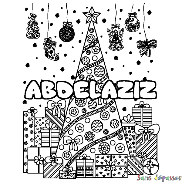 Coloriage prénom ABDELAZIZ - d&eacute;cor Sapin et Cadeaux