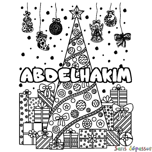 Coloriage prénom ABDELHAKIM - d&eacute;cor Sapin et Cadeaux
