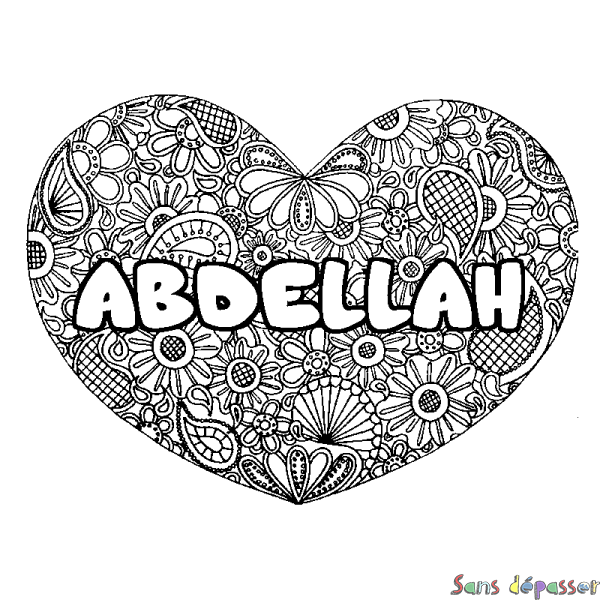 Coloriage prénom ABDELLAH - d&eacute;cor Mandala coeur