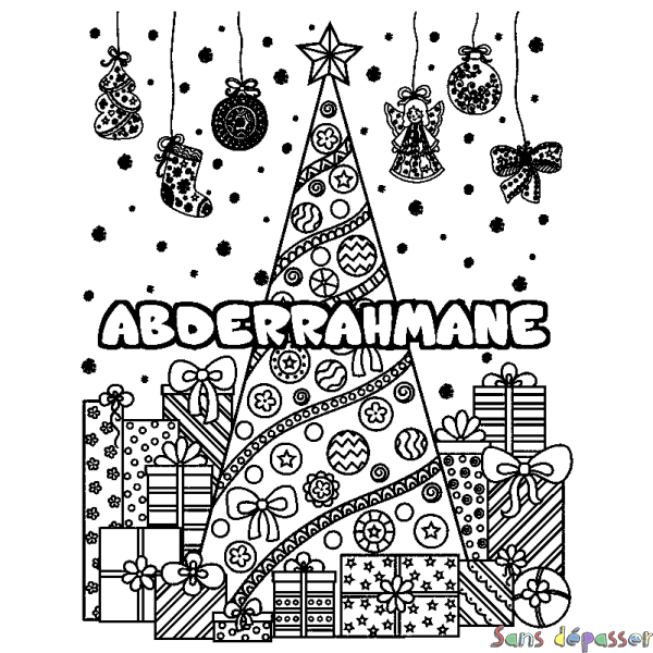 Coloriage prénom ABDERRAHMANE - d&eacute;cor Sapin et Cadeaux