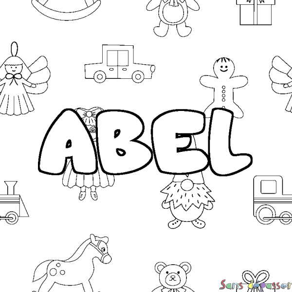 Coloriage pr&eacute;nom ABEL - d&eacute;cor Jouets