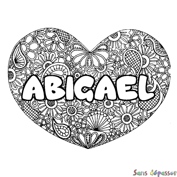 Coloriage pr&eacute;nom ABIGAEL - d&eacute;cor Mandala coeur