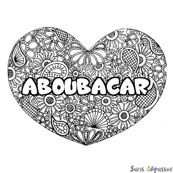 Coloriage pr&eacute;nom ABOUBACAR - d&eacute;cor Mandala coeur