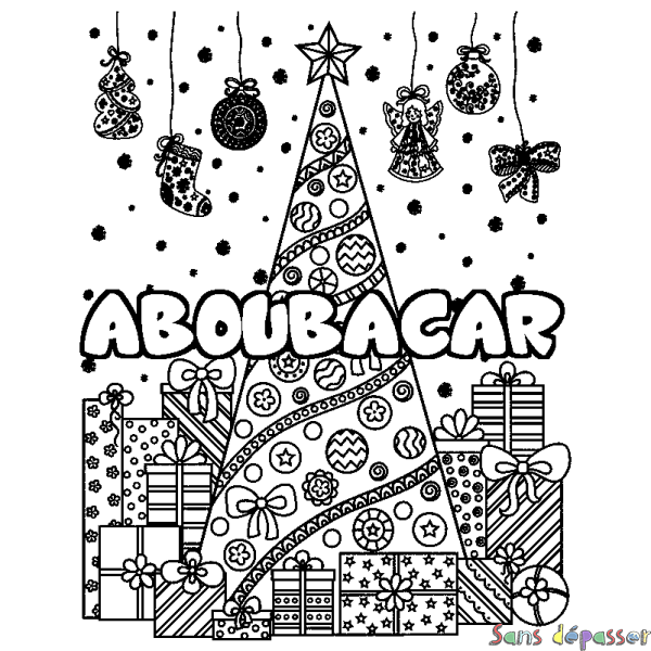 Coloriage prénom ABOUBACAR - d&eacute;cor Sapin et Cadeaux