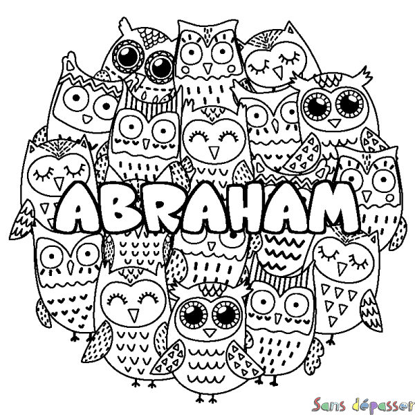 Coloriage prénom ABRAHAM - d&eacute;cor Chouettes