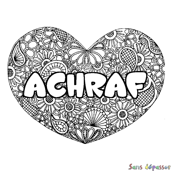 Coloriage prénom ACHRAF - d&eacute;cor Mandala coeur
