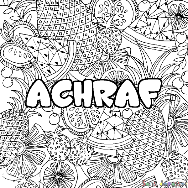 Coloriage prénom ACHRAF - d&eacute;cor Mandala fruits