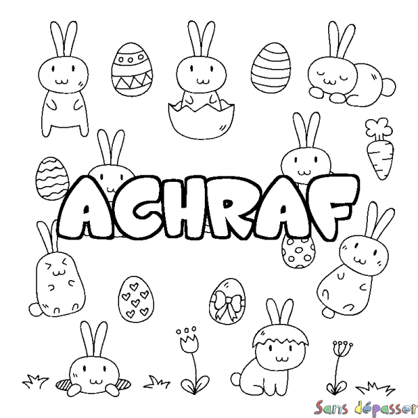 Coloriage pr&eacute;nom ACHRAF - d&eacute;cor Paques
