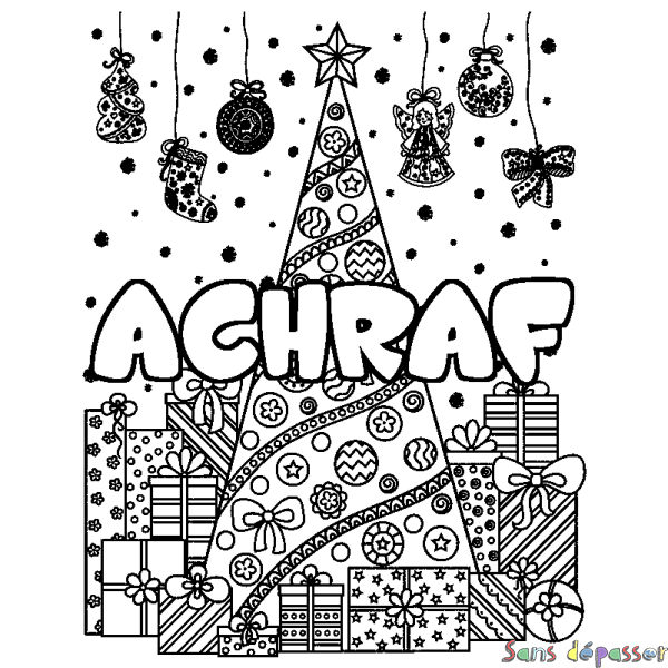 Coloriage prénom ACHRAF - d&eacute;cor Sapin et Cadeaux
