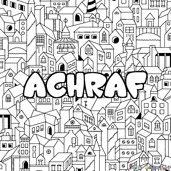 Coloriage pr&eacute;nom ACHRAF - d&eacute;cor Ville