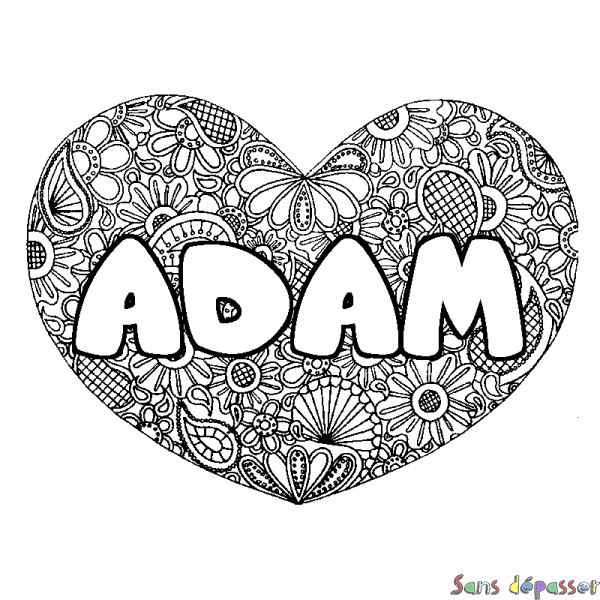 Coloriage prénom ADAM - d&eacute;cor Mandala coeur