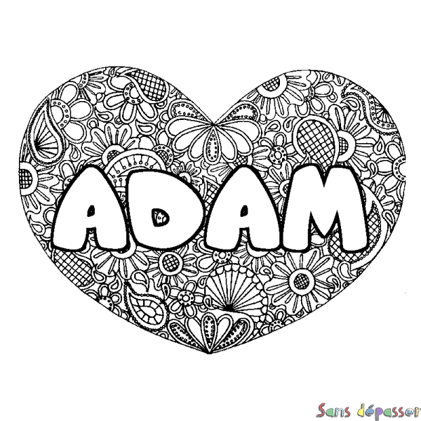 Coloriage pr&eacute;nom ADAM - d&eacute;cor Mandala coeur