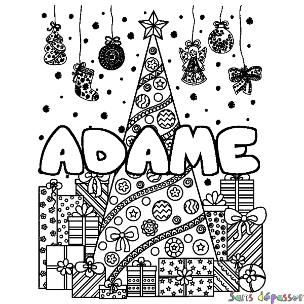 Coloriage prénom ADAME - d&eacute;cor Sapin et Cadeaux