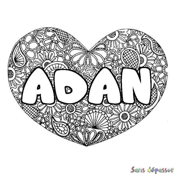 Coloriage prénom ADAN - d&eacute;cor Mandala coeur