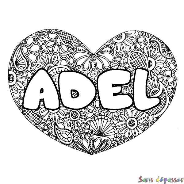 Coloriage prénom ADEL - d&eacute;cor Mandala coeur