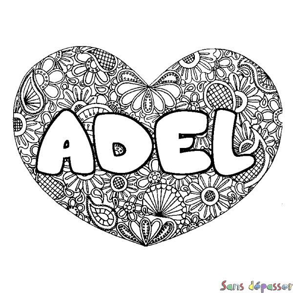 Coloriage pr&eacute;nom ADEL - d&eacute;cor Mandala coeur