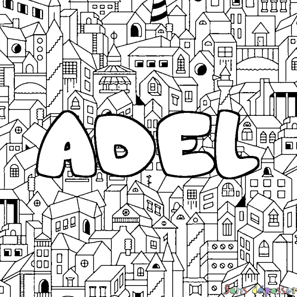 Coloriage pr&eacute;nom ADEL - d&eacute;cor Ville