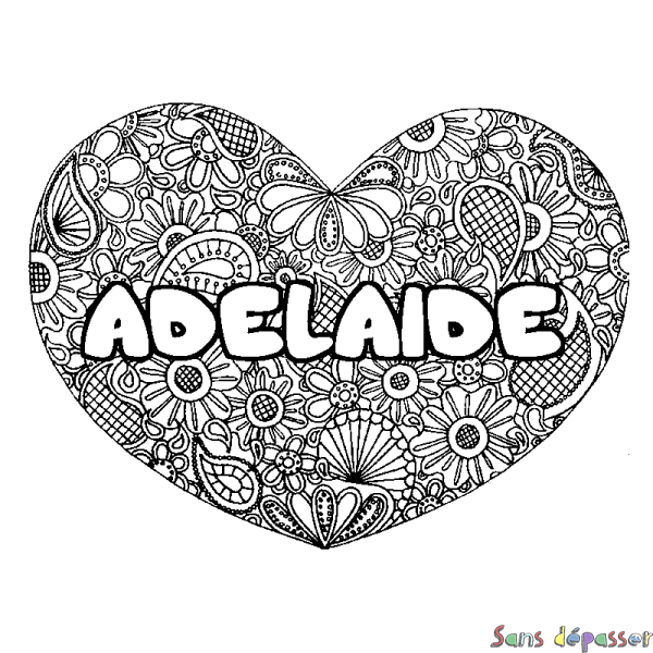 Coloriage prénom ADELAIDE - d&eacute;cor Mandala coeur